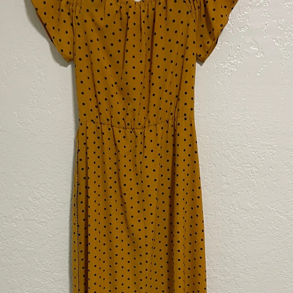 Wrapper Mustard Polka Dot Midi Dress with Navy Accent - Picture 7 of 11